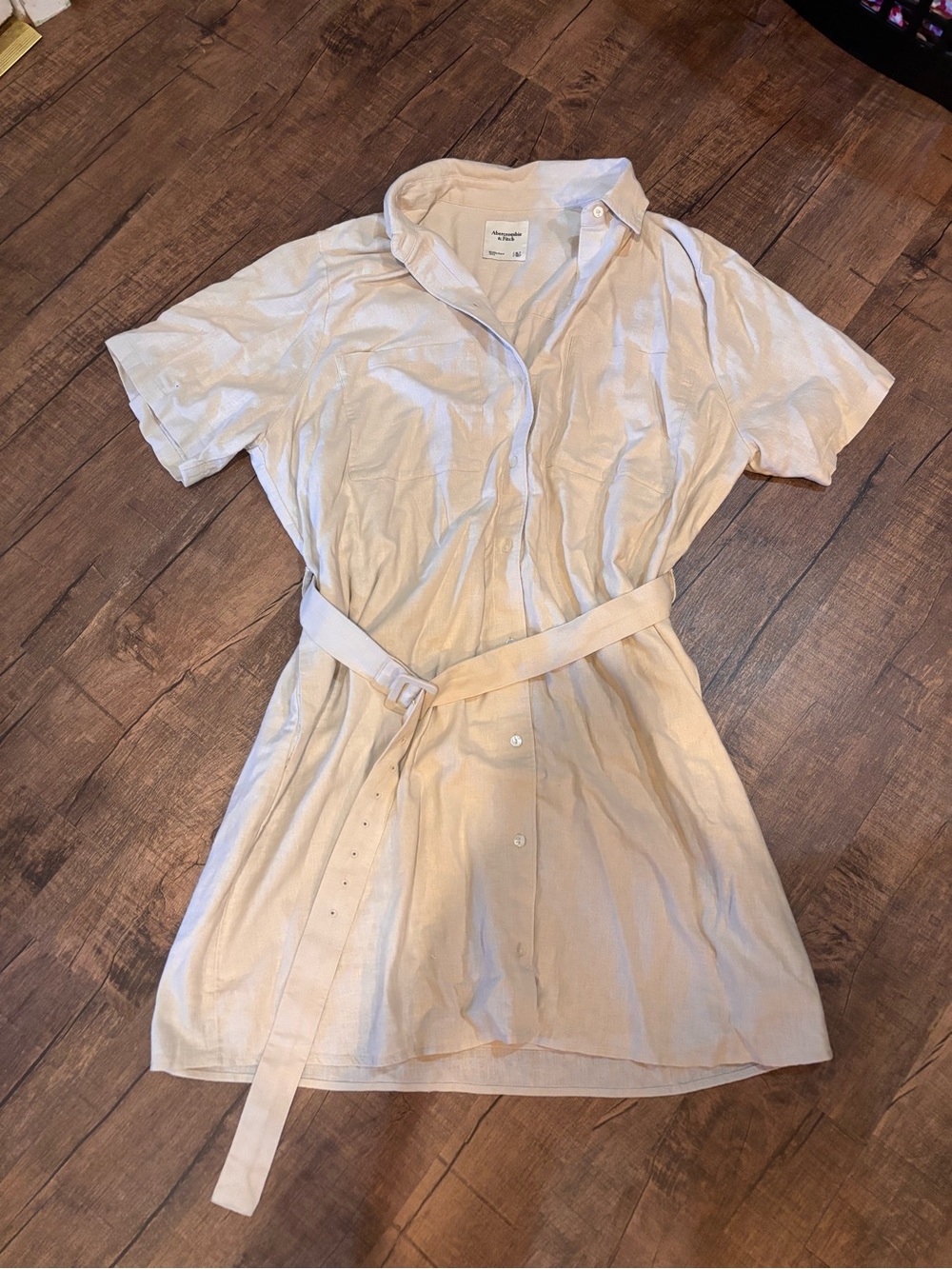 Abercrombie & Fitch Cream Short-Sleeve Belted Shirt Dress